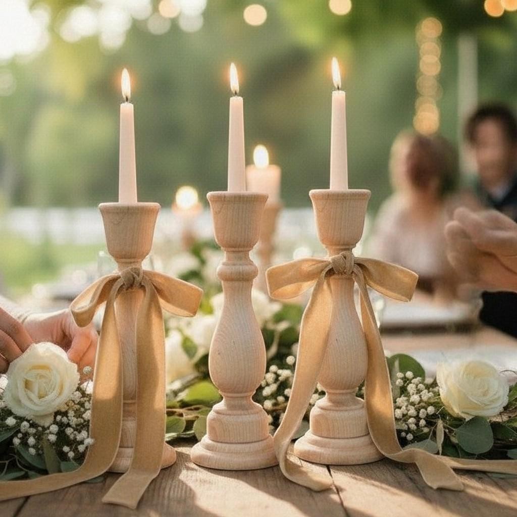 HobKnobin & Toying Around unfinished wooden taper candle holders decorated with ribbons for a rustic wedding centerpiece