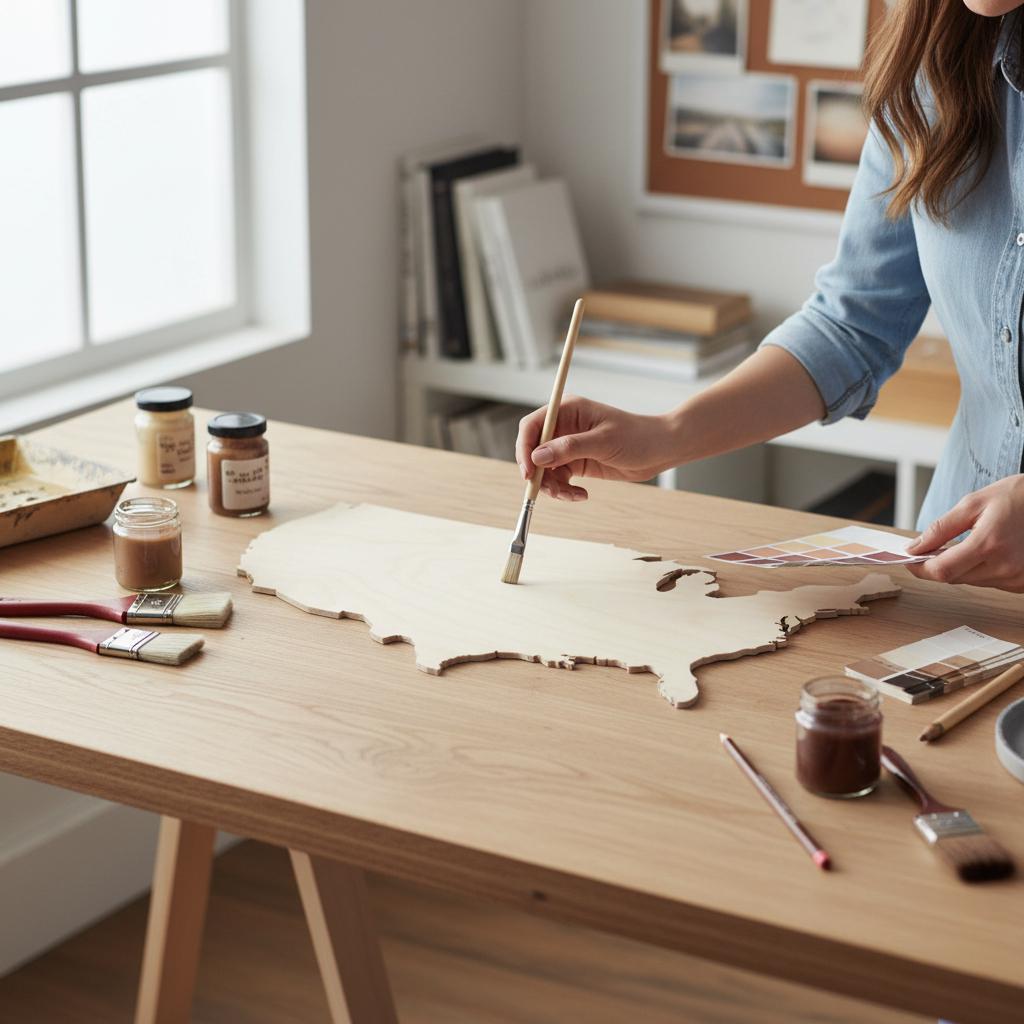 Natural Wood Grain Usa Map Wall Art Rustic Patriotic Display Unfinished Customizable Surface Half Circle Base America Cutout Design Farmhouse Style Home Accent Diy Craft Project Living Room Office Statement Piece Geography Gift Travel