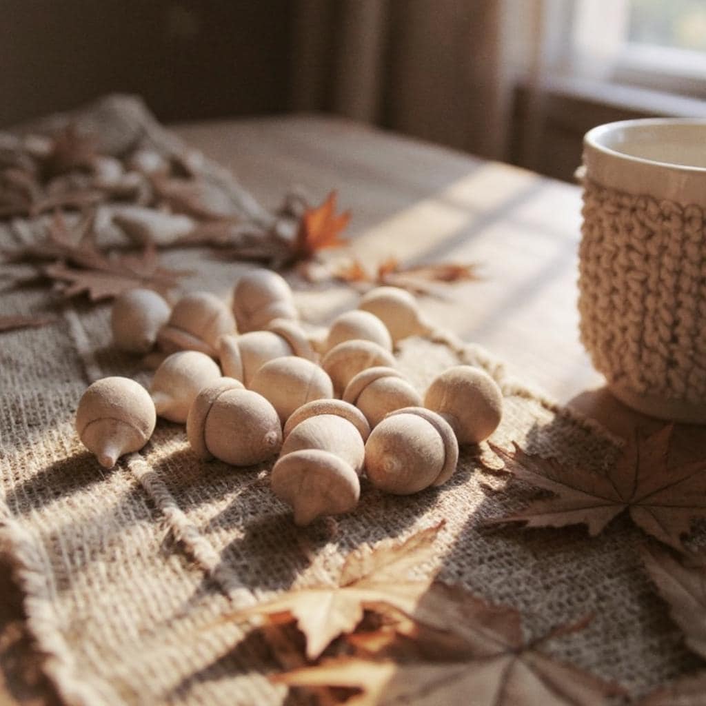 Fall Craft Supply Natural Wood Acorn 100 Pack Bulk Set Autumn Seasonal Decoration Materials DIY Project Pieces Unfinished Maple Hardwood Ready For Painting Staining Rustic Farmhouse Style Woodland Theme Elements Montessori Educational