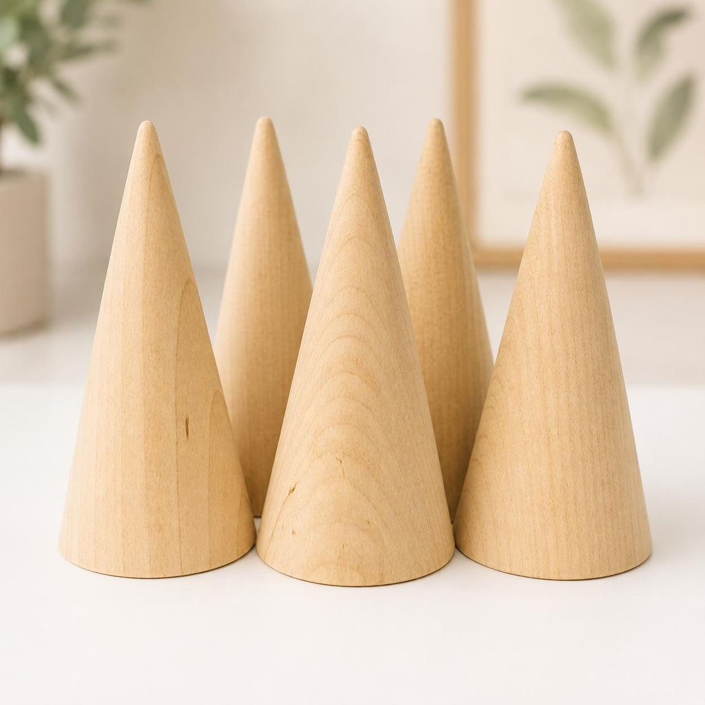 Wooden Ring Cone Holder Display Stand Jewelry Organizer Natural Maple Wood Unfinished Surface Craft Fair Booth Presentation Retail Display Solution Ring Storage System Smooth Finish Ready Paint Stain DIY Project Minimalist Bedroom Dresser