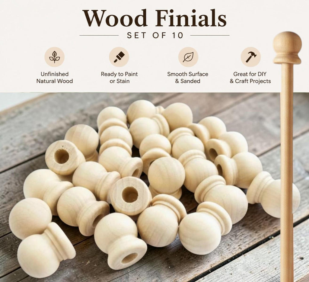 Unfinished Wood Finial Set Ten Pieces Natural Wooden Furniture Hardware Components Ready To Paint Stain Customize Perfect Curtain Rod Caps Cabinet Knobs Drawer Pulls Bedpost Toppers DIY Home Craft Projects Smooth Sanded Surface Pre Drilled