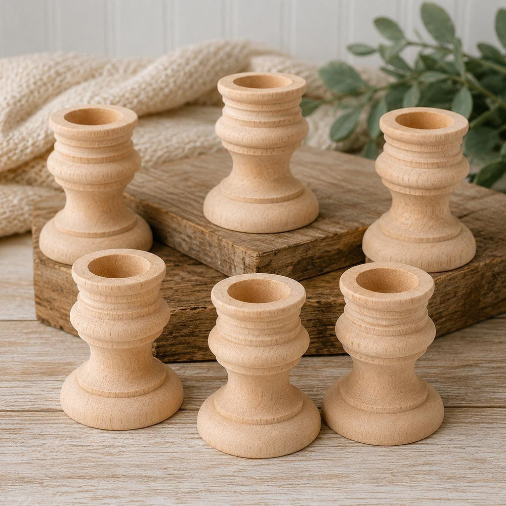 Rustic Wedding Centerpiece Wooden Taper Candle Holder Collection Farmhouse Dining Table Display Natural Wood Candlestick Set Unfinished Wooden Candle Stands Wedding Reception Table Decorations Vintage Farmhouse Mantel Display Graduated