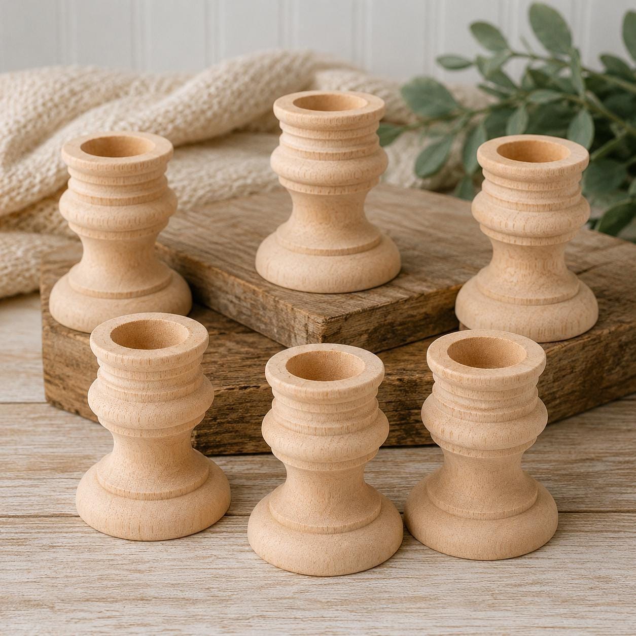 Rustic Wedding Centerpiece Wooden Taper Candle Holder Collection Farmhouse Dining Table Display Natural Wood Candlestick Set Unfinished Wooden Candle Stands Wedding Reception Table Decorations Vintage Farmhouse Mantel Display Graduated