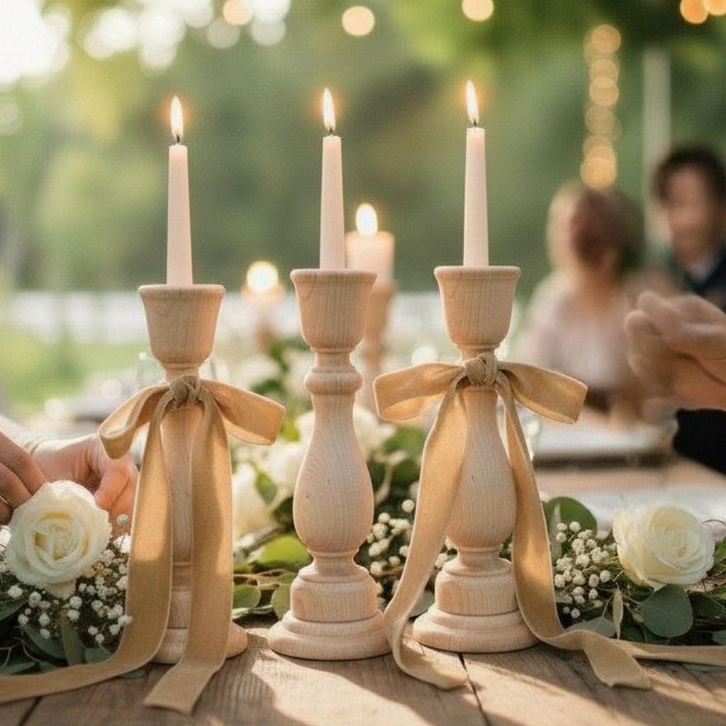 Natural Wood Candlestick Holder Set Farmhouse Wedding Centerpiece Display Rustic Taper Candle Stands Unfinished Wooden Holder Collection Dining Table Centerpiece Styling Vintage Farmhouse Mantel Accents Graduated Height Candle Stand Set