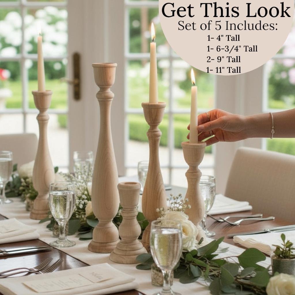 Taper Candle Holder Set Wooden Farmhouse Centerpiece Collection Rustic Wedding Table Display Natural Wood Candlestick Stands Unfinished Wooden Holder Set Vintage Farmhouse Home Styling Mantel Display Accents Graduated Height Wooden Stands