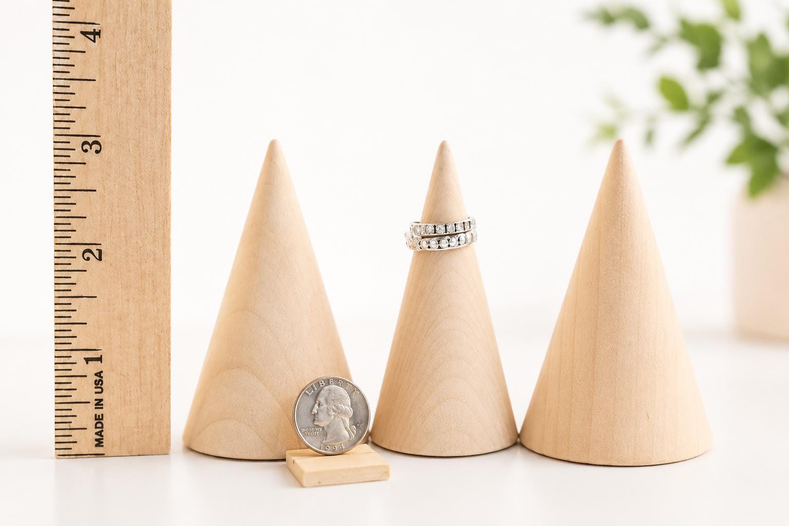 Natural Wood Ring Organizer Cone Shaped Display Stand Solid Maple Construction Jewelry Storage Solution Bedroom Dresser Organization Minimalist Design Unfinished Surface Ready Customize Smooth Finish Ring Holder System Craft Fair Display