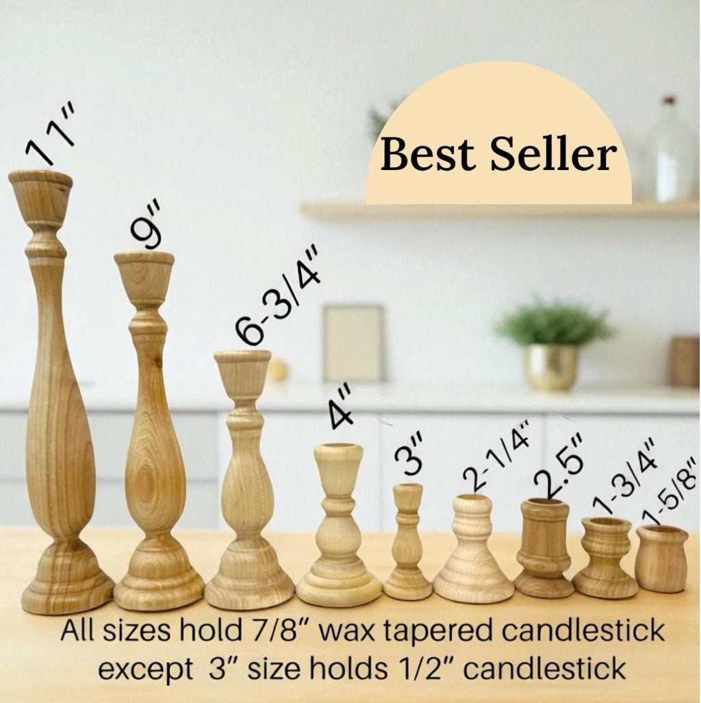 Farmhouse Candle Holder Set Natural Wood Taper Stands Rustic Table Centerpiece Collection Wooden Candlestick Holders Wedding Reception Display Unfinished Wood Candle Stands Vintage Farmhouse Home Styling Mantel Display Pieces Graduated